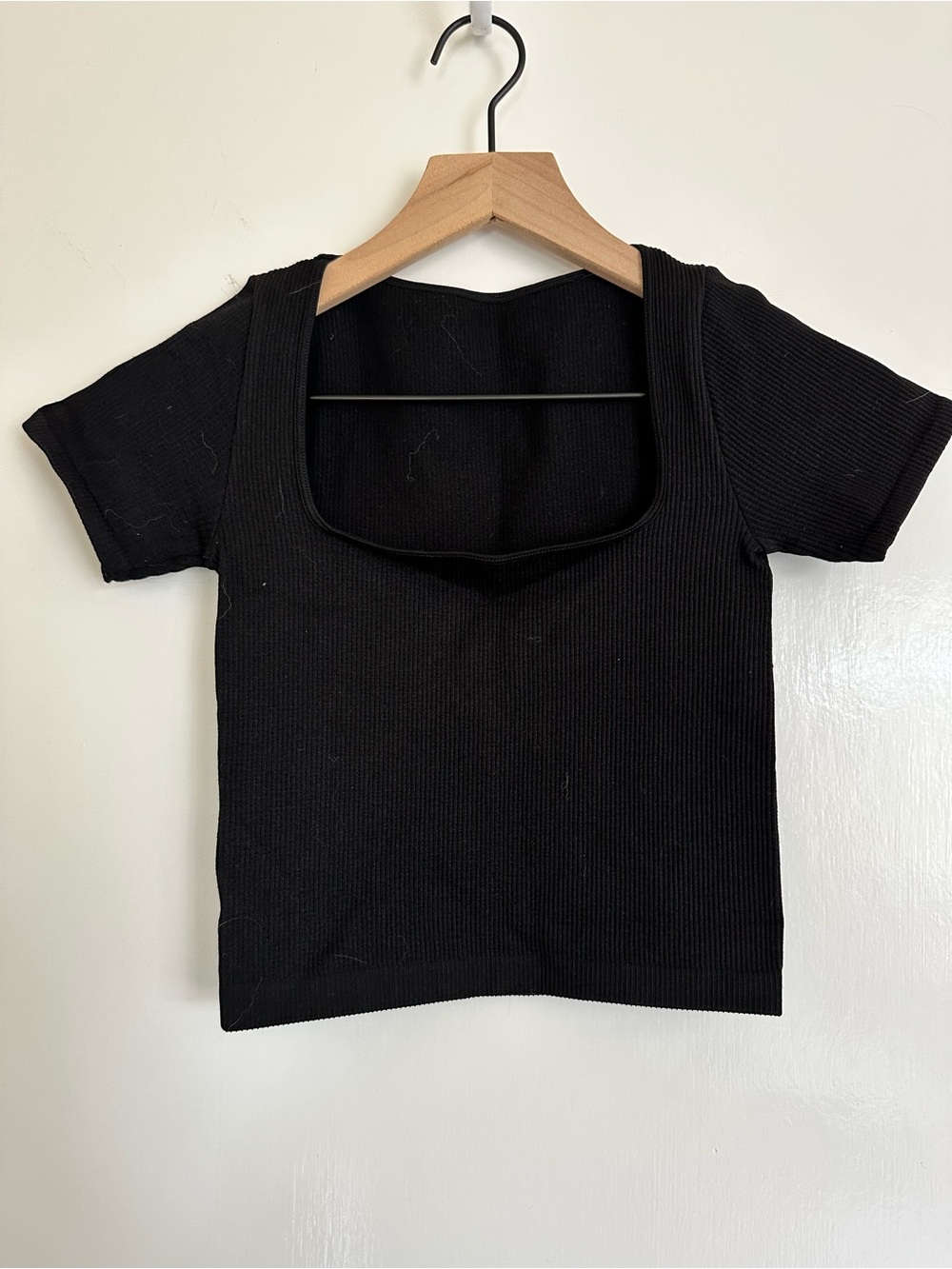 Womens Black Ribbed Square Neck Short Sleeve Top, One Size (fits like a XS)